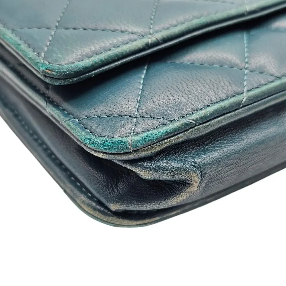Chanel Wallet on Chain WOC Classic Quilted Lambskin Leather Turquoise Blue